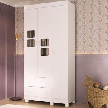 Imagem de Guarda-roupa Infantil 92cm com Vidro 3 Portas e 2 Gavetas Sol Multimóveis Mp4419 Branco