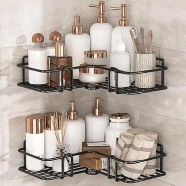 Imagem de Kit 2 Prateleiras com Adesivo Forte para Parede | Organizador de Banheiro e Cozinha | Suporte para Shampoo e Sabonete Sem Furos(KIT 2 Prateleiras Canto)