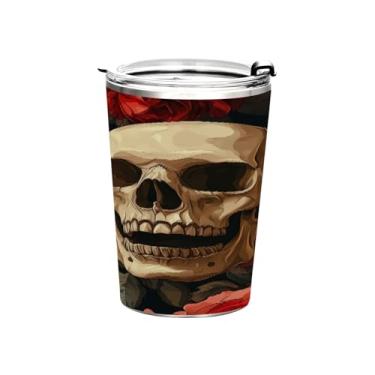 Imagem de STAYTOP Copo de aço inoxidável de caveira rosa Halloween 368 g, copo de café isolado com tampa e canudo, caneca de café de viagem de parede dupla para bebidas quentes e frias