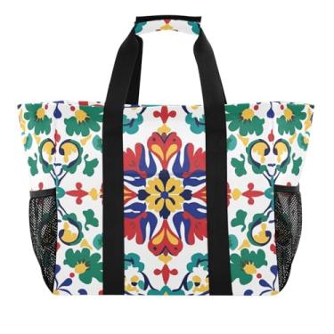 Imagem de STAYTOP Bolsa de praia grande com azulejos de cerâmica retrô estilo mexicano para mulheres e homens, à prova d'água à prova de areia, bolsa de praia para piscina, academia, mercearia, viagem