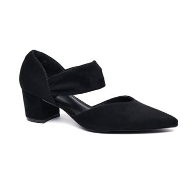 Imagem de Salto bloco feminino confortável com tira fechada bico fino salto baixo grosso sapato vestido festa casamento trabalho baile, Preto, 7 Wide