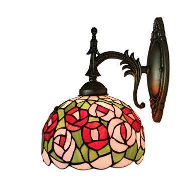 Imagem de Arandelas de parede românticas em estilo Tiffany, com rosas de 20 cm (8"), inspiradas em vitrais campestres europeus, ideais para cabeceiras, salas de estar e corredores. Potência máxima: 40