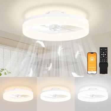 Imagem de JOFIOS Ventiladores De Teto De Baixo Perfil Com Luzes, Ventilador De Teto Fandelier De Montagem Embutida De 19,7 Pol. Com 6 Velocidades De Vento, Ventilador De Teto Sem Lâminas Moderno E Inteligente