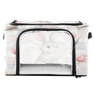 Imagem de xigua Cestos de armazenamento de roupas de coelho com moldura de metal em forma de fixação, 2 formas de abertura, caixa organizadora de roupas dobrável com janela transparente e alças para roupas