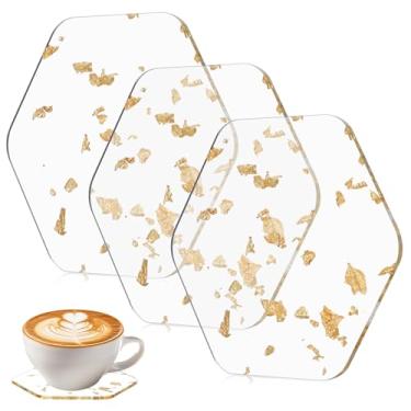 Imagem de 3 peças de copos de acrílico de folha dourada porta-copos moderno porta-copos de bar transparente folha dourada antiderrapante tapetes de copo à prova d'água para mesa, bancada, mesa, bebida fria e