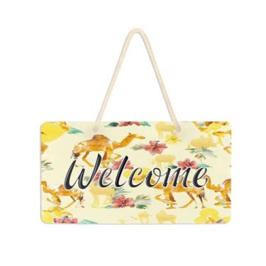 Imagem de Burbuja Placa de boas-vindas de desenho de camelos de hibisco para porta da frente, placa de boas-vindas de PVC para decoração de férias, 15 x 28 cm