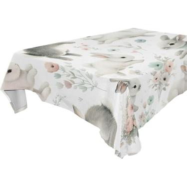 Imagem de Burbuja Toalha de mesa de flores de coelhos, toalha de mesa quadrada anti-rugas grossa para decoração de jantar, cozinha, festa, 152 x 152 cm