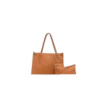Imagem de Kit 3 Peças Bolsa Feminina com Alça Trançada, Couro Sintético, Caramelo, Inclui Bolsa Grande, Bolsa Transversal e Necessaire