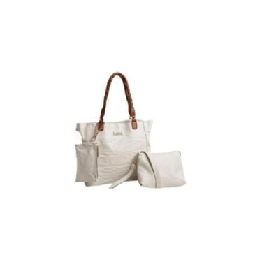 Imagem de Kit 3 Peças Bolsa Feminina Estilo Tote, Couro Sintético, Branca com Alça Caramelo, Bolsa Grande 43x30x11cm, Bolsa Média Transversal, Necessaire com Zíper
