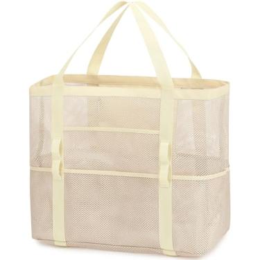 Imagem de Fammart Bolsa de praia de malha, bolsa de praia grande com bolso com zíper para a família, bolsa de piscina para brinquedos e itens essenciais de férias, Grande - Bege, Large