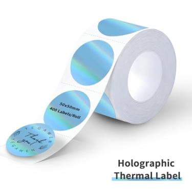 Imagem de YEGAWEN Etiquetas térmicas holográficas de 5 cm - 400 peças de etiquetas redondas para impressora térmica direta para design de logotipo DIY, à prova d'água e glitter arco-íris (azul)