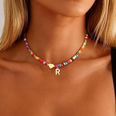 Imagem de Colar com inicial personalizada para mulheres, pingente de coração com contas A-Z, letra dourada, joia para presente de Natal, Medium, Latão, Sem Pedra Preciosa