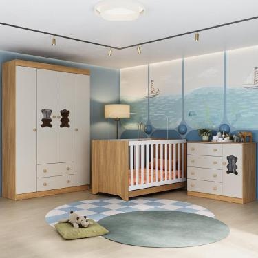 Imagem de Quarto De Bebê Completo Com Berço Americano 3 Em 1 Teddy Multimóveis MP4644 Madeirado-off White