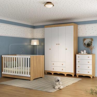 Imagem de Quarto De Bebê Completo Com Berço Americano 3 Em 1 Dengo Multimóveis MP4588 Madeirado-branco