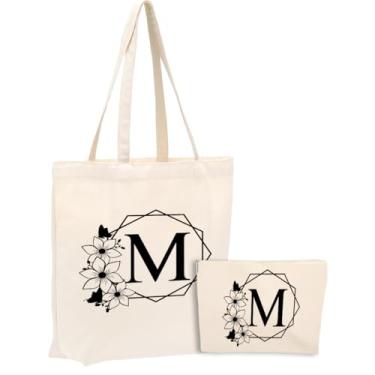 Imagem de Bolsa de lona inicial, presentes personalizados, adequada para casamento, aniversário, praia, férias, trabalho, dia das mães, conjunto de sacolas de cosméticos de Natal e sacola de presente monograma