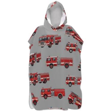 Imagem de Joisal Roupão de mudança para adultos, poncho de surfe, com capuz, toalha de natação, bonito e reutilizável, ponchos femininos com capuz vermelho caminhão de bombeiros cinza