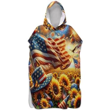 Imagem de Joisal Roupão de mudança de poncho de surfe para adultos toalha de natação com capuz bonito plus size ponchos adultos para mulheres bandeira americana girassol fogos de artifício