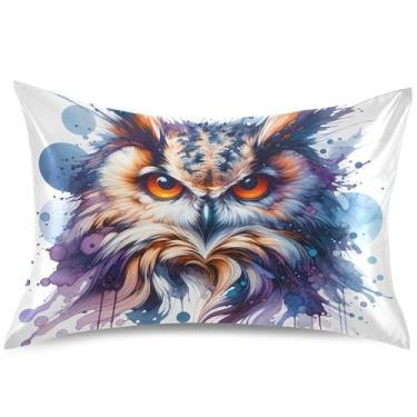Imagem de Capa de almofada de cetim com pintura de coruja em aquarela King Queen capa de almofada fofa refrescante para cama macia, tamanho padrão, 66 cm x 50 cm