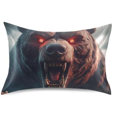 Imagem de Capas de almofada de cetim marrom animal urso monstro para cabelo padrão King Queen capas de travesseiro desenho animado refrescante decoração de quarto estética, tamanho king, 101,6 cm x 50,8 cm