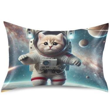 Imagem de Travesseiro de cetim fofo gatinho astronauta gato travesseiro refrescante padrão queen king size estampa floral decoração de cama almofada, tamanho padrão, 66 cm x 50 cm