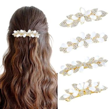 Imagem de 4 peças de grampos de cabelo de flor de borboleta com glitter de metal dourado com purpurina, opala e strass, presilhas de cabelo francesas com fixação forte para mulheres e meninas