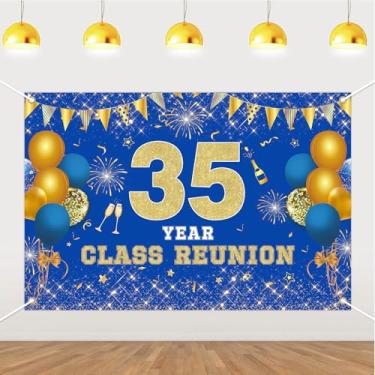 Imagem de JOYMEMO Pano de fundo de reunião de classe de 35 anos de 1,5 x 0,9 m - Decorações de reunião de 35ª turma escolar azul e dourado, fundo fotográfico para escola primária, universidade, bem-vindo de