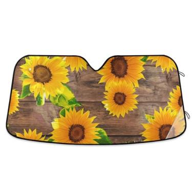 Imagem de Girassóis amarelos brilhantes personalizados de madeira para para-brisa de carro sombra de sol bonito retrátil dobrável caminhão carro persianas para janelas dianteiras automotivo M, 139.7 cm x 70.1