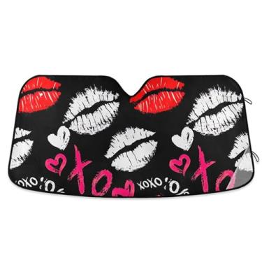 Imagem de Batom branco vermelho personalizado beijo XOXO guarda-sol para para-brisa de carro capa de para-brisa automotiva dobrável engraçada protetor solar floral S, 134,6 cm x 59,7 cm