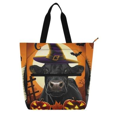 Imagem de GAIGEO Bolsa feminina preta com chapéu de bruxa de vaca para trabalho de Halloween, bolsa de praia com zíper, bolsa de praia, bolsas infantis fofas com compartimentos