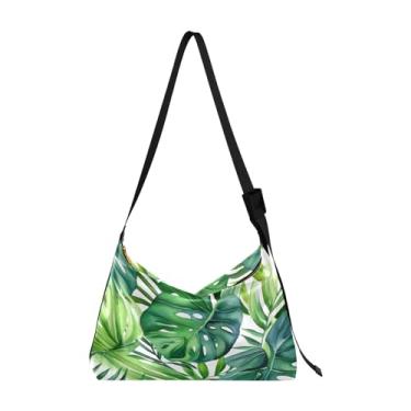 Imagem de Bolsa de ombro feminina Hobo floral amarela com papoulas brancas, bolsa transversal de couro, bolsa transversal de couro, Folhas tropicais coloridas em aquarela - 1, One Size