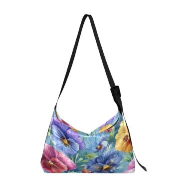 Imagem de Bolsa de couro tulipas brancas com alça de ombro, bolsa de ombro masculina de couro, bolsa tiracolo de couro, Amores-perfeitos e flores em aquarela - 2, One Size