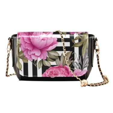 Imagem de Bolsa de ombro transversal de couro preto com flor em preto, bolsa tiracolo ajustável, bolsa de ombro média para mulheres, Peônias rosa em listras pretas - 2, One Size