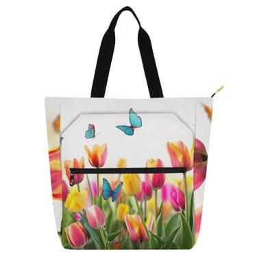 Imagem de GAIGEO Bolsa de trabalho floral tulipa primavera para mulheres, bolsa de lona com zíper, bolsa de praia, presente para professores de livros