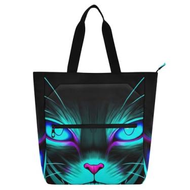 Imagem de Bolsa de trabalho feminina com olhos brilhantes, preta, azul, gato, lona, praia, livro, com zíper, bolsas fofas, presentes, para amantes de livros