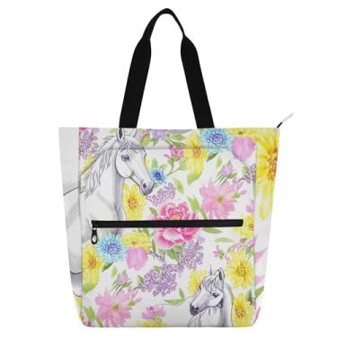 Imagem de Bolsa feminina aquarela cavalos flores vibrantes bolsa de trabalho lona praia livro bolsa zíper crianças lindas bolsas amantes de livros presentes