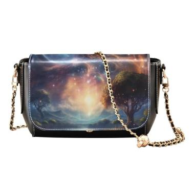 Imagem de GAIGEO Bolsa de ombro colorida de outono com alça de corrente, bolsas de couro transversais para mulheres, Space in a Galaxy Around a Tree-2, One Size
