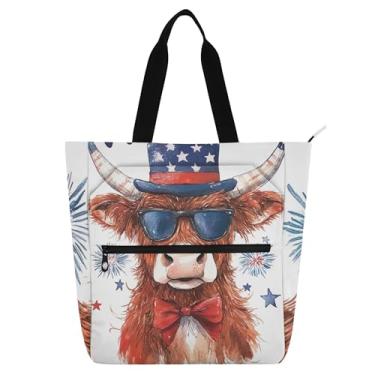 Imagem de GAIGEO Bolsa de lona reutilizável de vaca americana Highland Cow com zíper para escola, trabalho, viagens, mulheres e crianças