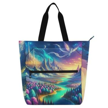 Imagem de GAIGEO Bolsa de trabalho feminina de lona com paisagem de fantasia, bolsa escolar, presente para professores, para amantes de livros