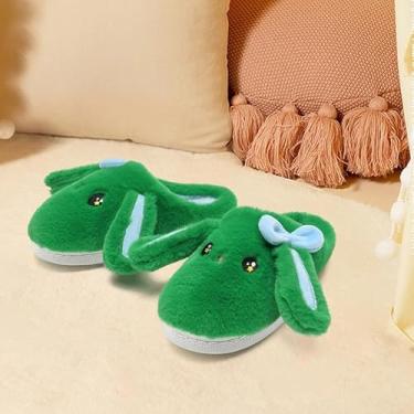 Imagem de Pantufas de coelho de orelhas grandes para meninas e meninos, lindo laço felpudo fofo confortável desenho animado coelho peludo engraçado travesseiro nuvem casa quarto casa chinelo para crianças