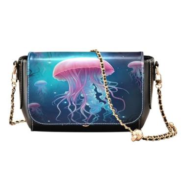 Imagem de Bolsas de ombro femininas com água-viva azul no oceano com luzes neon bolsa tiracolo de couro, bolsas transversais de couro para mulheres, Jellyfish Underwater in the Galaxy-3, One Size