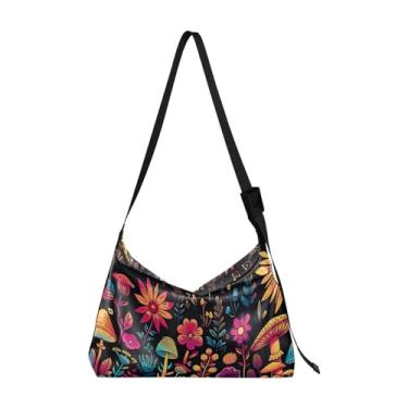 Imagem de Tulipas em verde com folhas, bolsa de couro com alça, bolsa tiracolo de couro, bolsa tiracolo feminina, Flores coloridas e cogumelos - 3, One Size