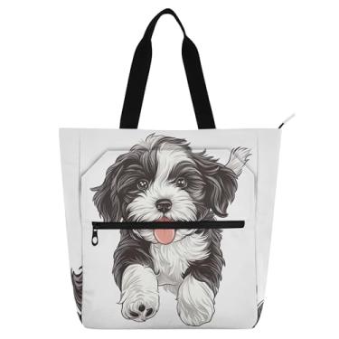 Imagem de GAIGEO Linda sacola preta branca para filhotes de cachorro Havanese para crianças e mulheres, trabalho, escola, livro, reutilizável, bolsa com zíper