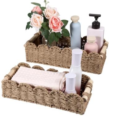 Imagem de 2 cestos de decoração de corda de papel com borda recortada, cestas de armazenamento de corda de papel natural com alças, cesta de vime recortada, cesto organizador de tecido à mão para casa