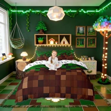 Imagem de Sandbox Conjunto de capa de edredom infantil pixelada tamanho Queen, jogo de cama de videogame quadriculado de patchwork, decoração de quarto simples de mineiros, capa de colcha marrom verde escuro, 2