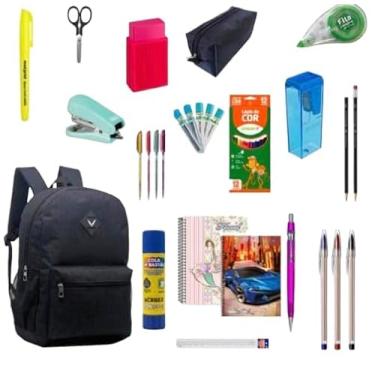 Imagem de Kit Material Escolar Completo 33 Item Com ou Sem Mochila Caneta Caderno Grampeado Lista Premium 2026 (PRET)