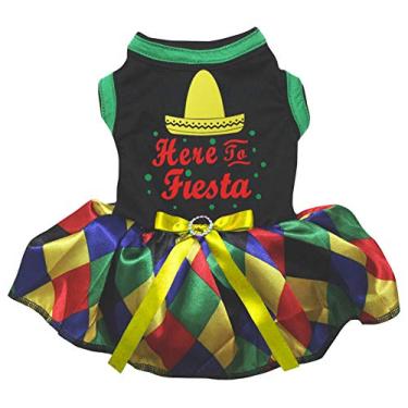 Imagem de Petitebella Vestido para cachorro com chapéu mexicano Here to Fiesta (preto/xadrez arco-íris, 2GG)