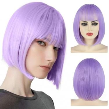 Imagem de Peruca curta reta bob com franja 20 cm moda sintética colorida cosplay diária festa peruca para mulheres violeta
