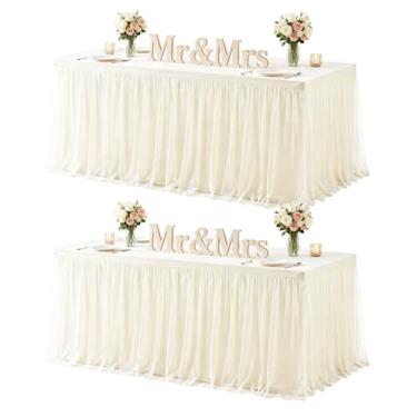 Imagem de HB HBB MAGIC Toalha de mesa marfim elastano toalha de mesa de tule ajustável 2,4 m, saia de mesa retangular, creme elástico, capas de mesa para festa, banquete, aniversário, chá de bebê, casamento