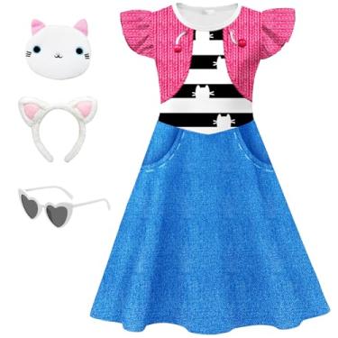 Imagem de Vestido com tema de gato imitação de bainha azul com faixa de orelha de gato, bolsa de óculos de sol para Halloween, Natal, Azul, 120cm/4-5T