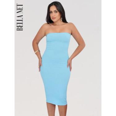 Imagem de Vestido midi sem alça luxo tubinho tecido premium - Azul bebê - G - Cr